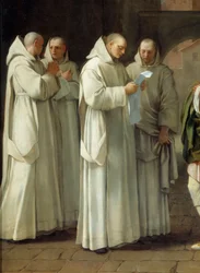 Św. Bruno (1030-1101), założyciel zakonu kartuzów, otrzymuje wiadomość od papieża Urbana II (Urbano 2) (szczegół)