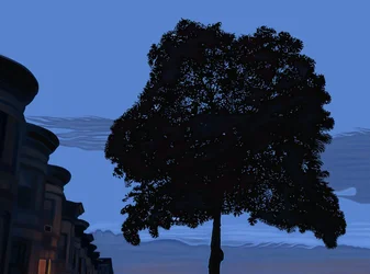 9th Street i Oak Tree o świcie, 2025 (grafika cyfrowa)