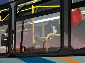 Dojeżdżający do pracy wczesnym rankiem w autobusie, Brooklyn (grafika cyfrowa)