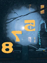 Śnieg w nocy widziany przez numerację na drzwiach wejściowych, Brooklyn (grafika cyfrowa)