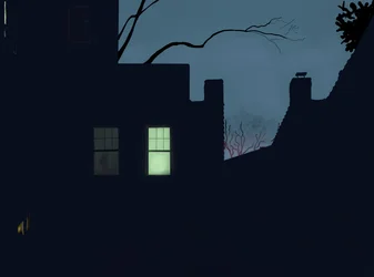 Tylne okno, zima, zmierzch, Brooklyn (grafika cyfrowa)