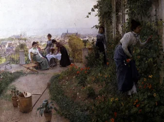 Letnie popołudnie w Liege, Belgia. Letnie popołudnie w Liege. Kilka kobiet na tarasie pije herbatę. Jedna z nich zbiera kwiaty. Obraz autorstwa Evariste Carpentier (1845-1922 Belgia) Kolekcja prywatna