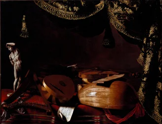 Martwa natura z instrumentami muzycznymi Malarstwo autorstwa Evaristy Baschenis (1617-1677) XVII wiek. Bergamo, Accademia Carrara, Włochy