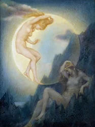 Symbolika: "La Terre endormie et la Lune se reveillant" (Śpiąca ziemia i budzący się księżyc) Obraz Evelyn De Morgan (1855-1919) (pre-raphaelite) Collection privee