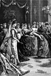 Królowa Wiktoria wita gości w salonie Pałacu Buckingham, koniec XIX wieku, 1900