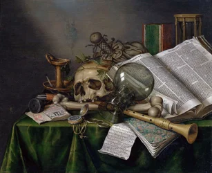 Vanitas - Martwa natura z książkami, rękopisami i czaszką