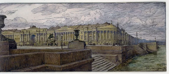 Miejsce Senatu w Sankt Petersburgu. Opis zabudowy nad brzegiem Newy. Dzieło Evgeny Evgenyevich Lanceray (Eugene Lansere) (1875-1946), litografia