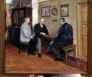 Gracze w warcaby. Malarstwo Jewgienija Iosifowicza Bukowieckiego (1866-1948). Olej na płótnie, 71 x 80 cm