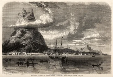 Rade i szczyt wyspy Borabora, rysunek Evremonda Auguste de Berard (1824-1881), ilustrujący podróż przyrodnika po archipelagu Galapagos i na wyspach koralowych, w 1858 roku autorstwa Karola Darwina (1809-1882). Grawerowanie w „” Le tour du mond
