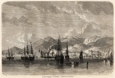 Port w Hiszpanii w Trynidadzie (Trynidad i Tobago), rysunek Evremonda Auguste de Berard (1824-1881), ilustrujący wyprawy do Indii Zachodnich w latach 1858-1859, Anthony Trollope (1815-1882). Grawerowanie w „” Le tour du monde, nouveau journal des voya