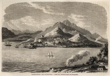 Widok Port of France, Nowa Kaledonia, rysunek Evremont de Berard (1824-1881), ilustrujący podróż Victora de Rochas do Nowej Kaledonii w 1859 roku. Rycina w „”Le tour du monde”” 1861. Kolekcja Selva.
