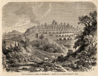 Widok Tananarive, stolicy Madagaskaru, rys. Evremond de Berard (1824-1881), ilustrujący podróż Idy Pfeiffer na Madagaskar w 1857 roku. Rycina w „”Le tour du monde”” 1861. Kolekcja Selvy.