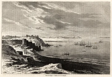 Widok Tangeru (Maroko), rysunek Evremonda de Berarda (1824-1881), ilustrujący notatki z podróży M.F.Schicklera do Maroka. Grawerowanie w „”Le tour du monde, nouveau journal des voyages””Paryż