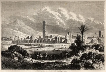 Widok miasta Marrakesz (dawniej Maroko), rysunek Auguste de Berard (1824-1881), ilustrujący Mr.F. Podróż Schicklera do Maroka w 1860 roku. Grawerowanie w „”Le tour du monde, nouveau journal des voyages””Paryż