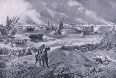 Jakub II w bitwie pod La Hogue, 23 maja 1692, ilustracja z brytyjskich bitew lądowych i morskich, 1915