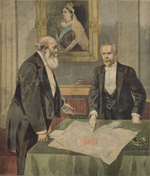 Konwencja angielsko-francuska podpisana w Londynie przez Paula Cambona (1843-1924) ambasadora Francji i Lorda Salisbury (1830-1904) premiera Wielkiej Brytanii, z Le Petit Journal, 9 kwietnia 1899 (kolorowane en