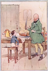 David jadł obiad z panem MiCawberem w więzieniu, ilustracja z Davida Copperfielda, 1914