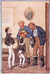 Pan Peggotty wyjął z kieszeni dwa niesamowite homary, ogromnego kraba i dużą płócienną torbę krewetek, ilustracja z Davida Copperfielda, 1914