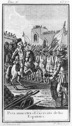 Hernando Cortes (1485-1547) Przegląd swoich oddziałów, ryty przez Antonio Rodriqueza