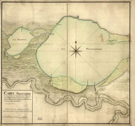 Szczegółowa mapa biegu rzeki St. Louis od dzikiej wioski do miejsca poniżej Detour aux Angloix, jezior Pontchartrain i Maurepas oraz rzek i bayouów do nich wpadających