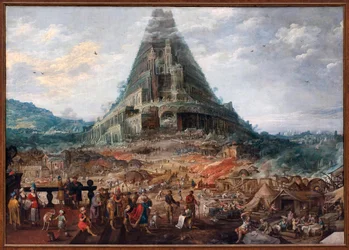 Wieża Babel. Obraz Joosa de Mompera II (1564-1635), postacie przypisywane Fransowi Franckenowi II (1581-1642), olej na drewnie. Sztuka flamandzka XVII wieku. Królewskie Muzeum Sztuk Pięknych Belgii, Bruksela.