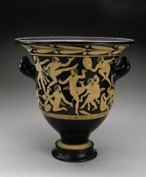 Biała figura Bell Krater z tańczącymi satyrami, 400-351 pne (terakota)