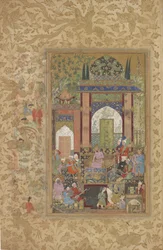 Babur otrzymuje dworzanina, Odłączone folio z rozproszonej kopii Baburnama (Tuzuk-i Baburi) autorstwa Zahir-al-Din Muhammad Babur, ok. 1580-85 (toaleta, atrament i złoto na papierze)