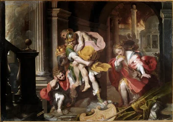 Eneas niesie na ramionach swego ojca Anchizesa i ucieka przed pożarem Troi. Obraz Federica Fioriego, zwanego il Barocci (1528/35-1612), 1598. Olej. 179x253 cm. Rzym, Galleria Borghese