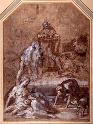 Alegoria religijna, zebranie Manny i Ustanowienie Eucharystii (pióro i atrament i kreda z płynem, podkreślone bielą na papierze)