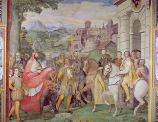 Karol V (1500-58) z Alessandro Farnese (1546-92) w Wormacji, z "Sala dei Fasti Farnese" (Sala Splendorów Farnese), 1557-66 (patrz 95812)