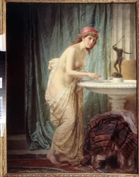 Orientalizm ""Poranna toaleta"" młoda kobieta tylko ubrana w prześcieradło odświeża się przy fontannie. Obraz Fiodora Andreyevicha Bronnikova (1827-1902) Państwowe Muzeum Sztuki Republiki Dagestanu, Machaczkała, Rosja