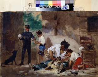 Psy w Neapolu (Włochy) (Psy w Neapolu). Praca Fiodora Andriejewicza Bronnikowa (1827-1902). Olej na tekturze, 33 x 50 cm, sztuka rosyjska. Muzeum Studiów Regionalnych, Szadrinsk (Rosja).