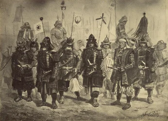 Kopia fotograficzna rysunku japońskich wojowników Charlesa Wirgmana