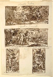Cztery rysunki mitu Apolla; Dekoracja ściany nad kominkiem, Sala di Apollo, Palazzo Cavina, Faenza