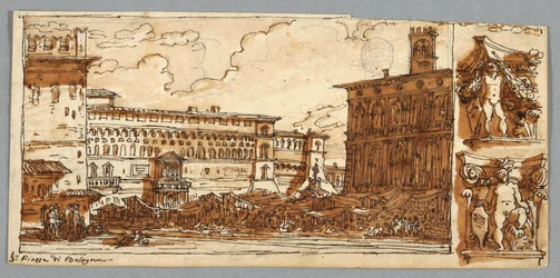Sketchbook Page, Folio 57: Studium według Piazza Emmanuelle w Bolonii; Verso, Detal architektoniczny
