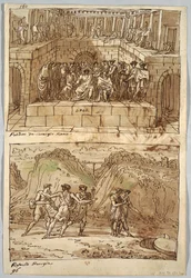 Strona szkicownika, Folio 98: Dwa obrazy według Caravaggia i Rafaela; Verso: Orzeł i Wół