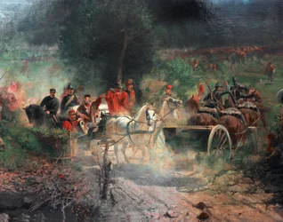 Trzecia włoska wojna o niepodległość: „”bitwa pod Bezzecca”” 21.07.1866 r. przeciwstawiła armii austriackiej ciało myśliwych Giuseppe Garibaldiego. Szczegół. Obraz Felice Zennaro (1833-1926) Mediolan, Muzeum Risorgimento