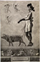 Pornokrates (naga kobieta, z zasłoniętymi oczami, otoczona aniołami i trzymająca świnię na smyczy) - rysunek Féliciena Ropsa (1833-1898)