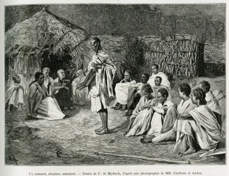 Asmari, chodząca piosenkarka. Grawer F. De Myrbacha, po fotografii, ilustrujący opowiadanie Podróż au Choa (Abyssinie meridionale), 1884-1888, Henry Audon, in le tour du monde 1889, reżyseria Edouard Charton (1807-1890), Hachette , Paryż.