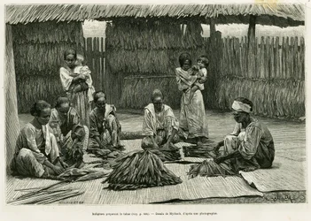 Rdzenni mieszkańcy wytwarzający tytoń. Grawerowanie autorstwa Myrbacha ilustrujące historię Lucon i Palaouan, sześć lat na Filipinach, Alfreda Marche (1844-1898), in le tour du monde 1886, w reżyserii Edouarda Chartona (1807-1890), Hachette, Paryż.
