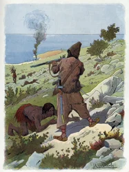 Robinson Crusoe zabija dzikusów ścigających Piątek.