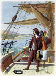 Robinson Crusoe opuszcza swoją wyspę - ilustracja Felicjana MYRBACH MYRBACH RHEINFELD (1853-1940) Za Księgę Daniela Defoe (De foe) Robinsona Crusoe. Brak daty. Około 1934