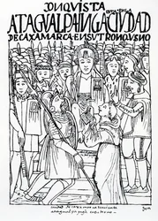 Diego de Almagro, Francisco Pizarro i brat Vicente de Valverde klęczący przed inką Atahualpą w Cajamarce