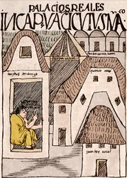 Imperium Inków: Świątynie i pałace w Cuzco, Peru – rysunek tuszem z rękopisu „Nowa kronika i dobry rząd” Don Felipe Pumy de Ayala ilustrujący życie Inków, około 1587 r. w Limie, Narodowe Muzeum Antropologii, Archeologii i Historii de