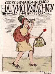 Imperium Inków: chasqui (lub chaski), biegnący posłaniec, z qipi na plecach i trzymający quipu (Quipo, Quipou) - gra na pututo (trąbie z muszli) - rysunek tuszem z rękopisu „Nueva coronica y buen gobierno” autorstwa Dona Felipe Pumy de Ayali