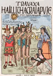 Imperium Inków: początek prac polowych w sierpniu, z okazji wielkiej popularnej uczty, w której brali udział także szlachta – rysunek tuszem z rękopisu „Nueva coronica y buen gobierno” ks. Felipe Pumy de Ayala ilustrujący życie