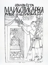 Manco Inca próbuje spalić inkaski pałac Cuyus Mango, który został nawrócony do kultu chrześcijańskiego, ale Bóg interweniuje (drzewryt)
