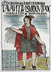 Quipu (Quipo Quipou), inkaski system rachunkowy z lin i węzłów, kultura Inków 1400-1532 n.e., rękopis Felipe Guaman Puma de Ayala (Nueva Coronica y buen Gobierno), indiański kronikarz z XVI wieku.