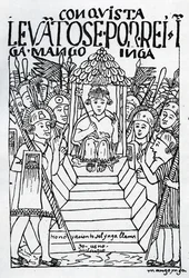 Nowo koronowany Manco Inca na tronie w Cuzco (drzeworyt)