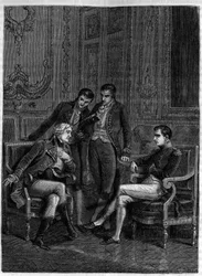 Jean-Jacques Régis de Cambacérès (1753-1824) przedstawia Bonapartemu, ówczesnemu pierwszemu konsulowi, oraz jego braciom Josephowi i Lucienowi swój pomysłowy plan mianowania go Bonapartem, konsulem dożywotnim, około 1804 - (Cambacérès proponuje mianowanie